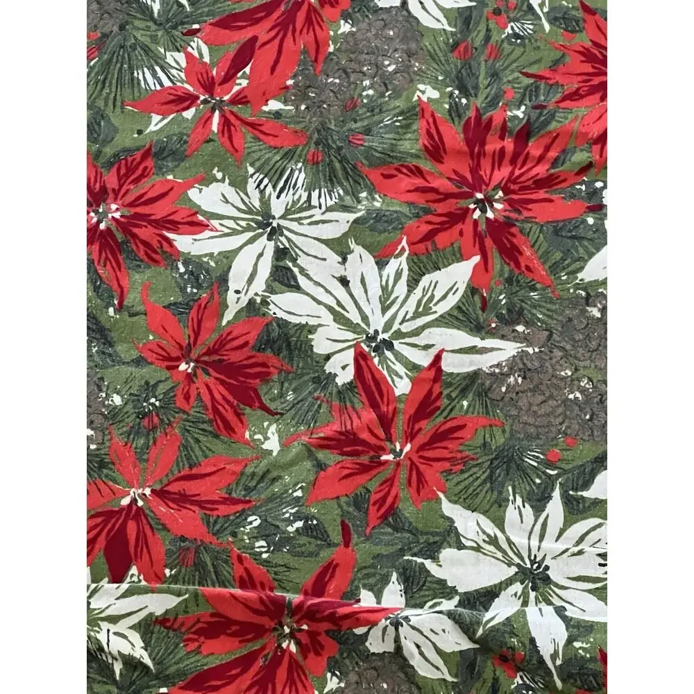Vintage Christmas Poinsettias & Pinecones Red Green Fabric Tablecloth 50x103